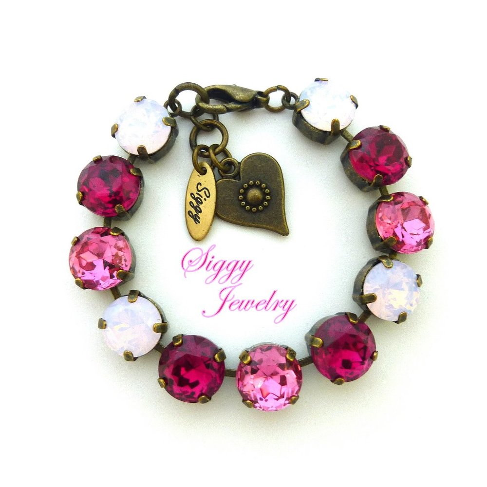 Large Stone Pink Crystal Tennis Bracelet in Antique Brass Finish, 11mm Crystals